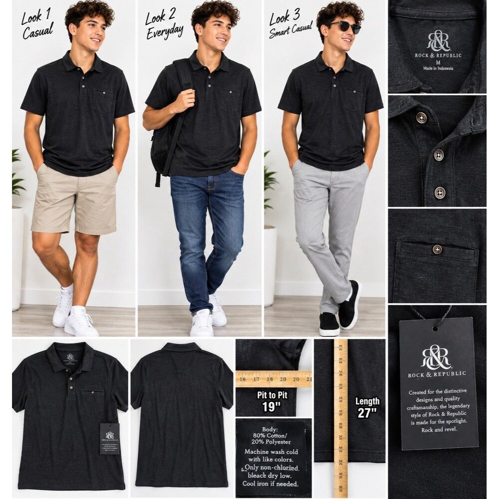 Rock & Republic Short Sleeve Polo Men's Medium  Gray Front Pocket Shirt